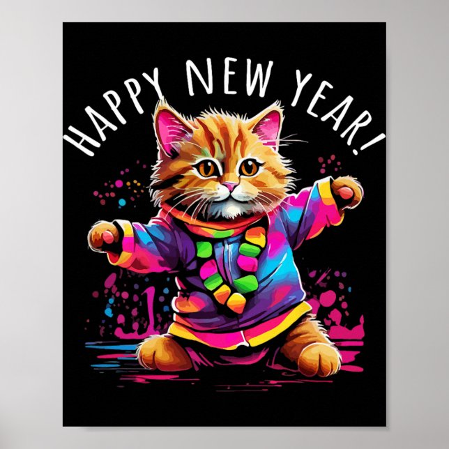 Poster Happy New Year Party Dancing Cat Design  (Frente)