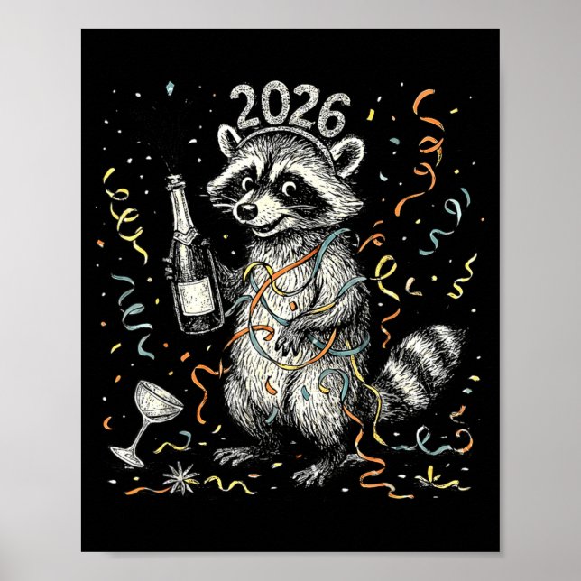 Poster Happy New Year Raccoon With Champagne Funny New Ye (Frente)