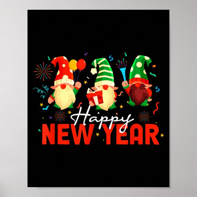 Poster Happy New Year Three Gnomes Fireworks Confetti Nye (Frente)
