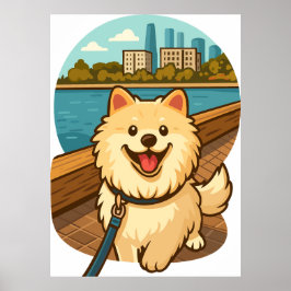 Poster Happy Samoyed Walk by the City Waterfront