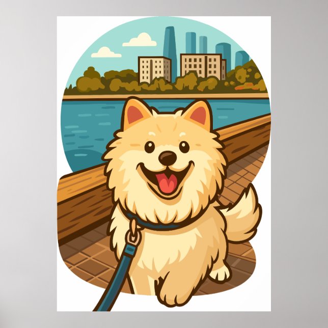Poster Happy Samoyed Walk by the City Waterfront (Frente)