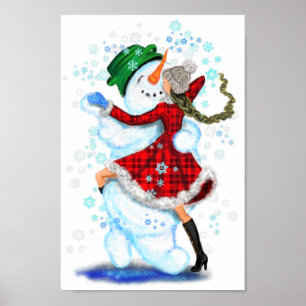 Poster Happy Snowman and Girl Dance Tango Christmas Party