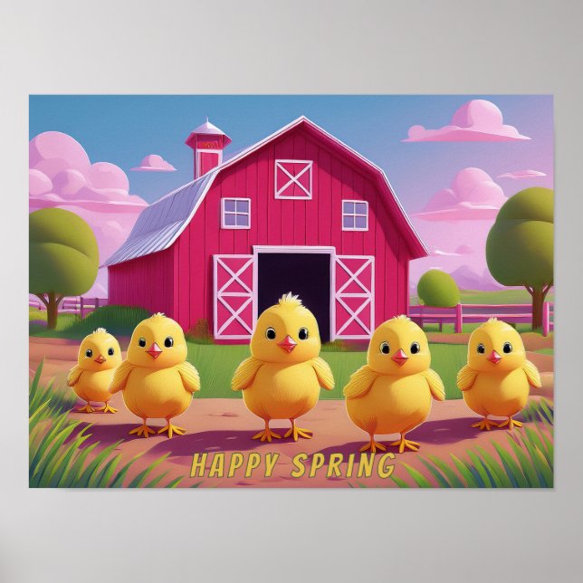 Poster Happy Spring Chicks in Barnyard (Frente)
