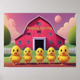 Poster Happy Spring Chicks in Barnyard