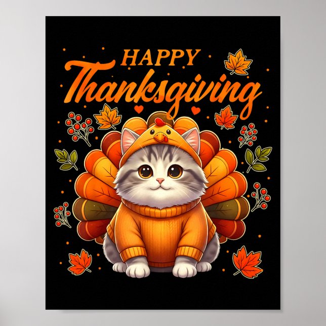 Poster Happy Thanksgiving Cat Turkey Day Autumn Fall Men  (Frente)