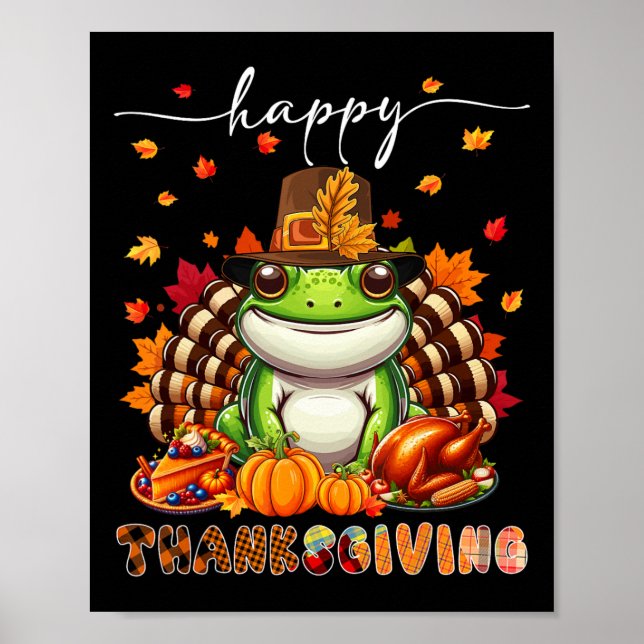 Poster Happy Thanksgiving Frog Costume Turkey Fall Leaves (Frente)
