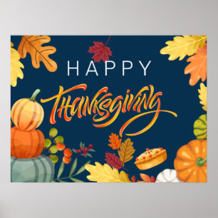 Poster Happy Thanksgiving Pumpkins, Berries and Leaves 