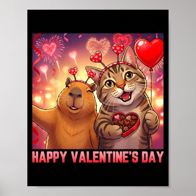 Poster Happy Valentines 2026 Cute Cat Capybara Party Art  (Frente)