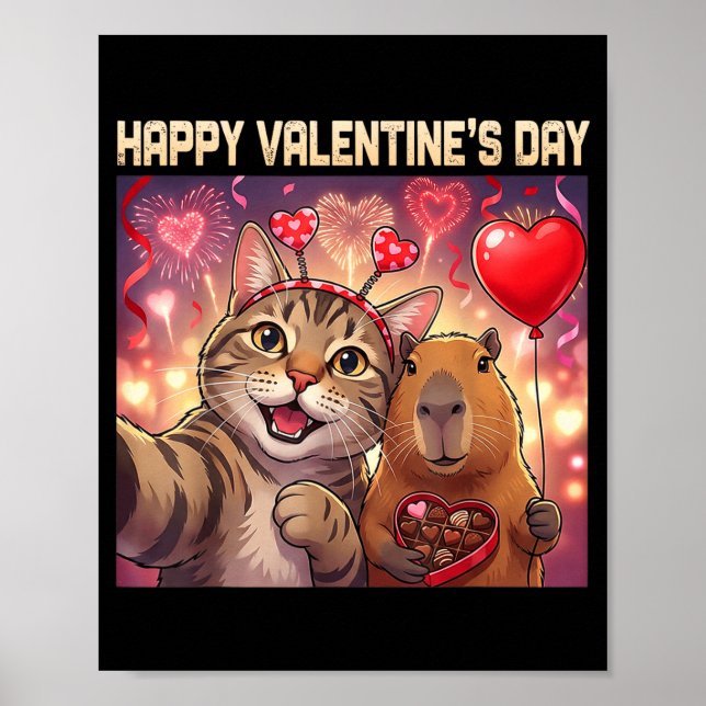 Poster Happy Valentines 2026 Cute Cat Capybara Party Art  (Frente)