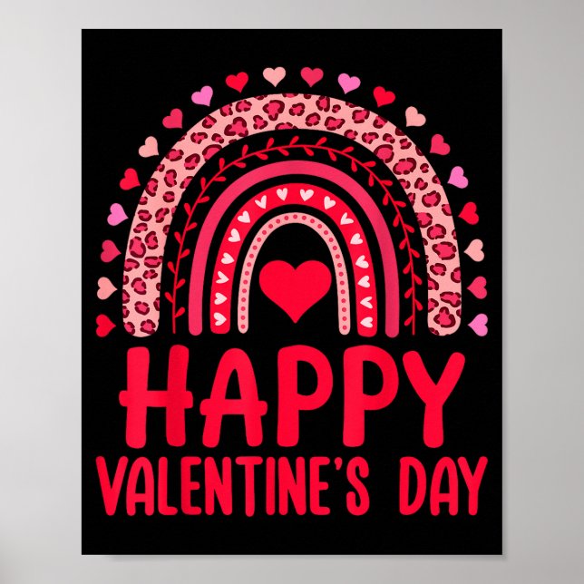 Poster Happy Valentines Day Red Hearts Rainbow Leopard Wo (Frente)