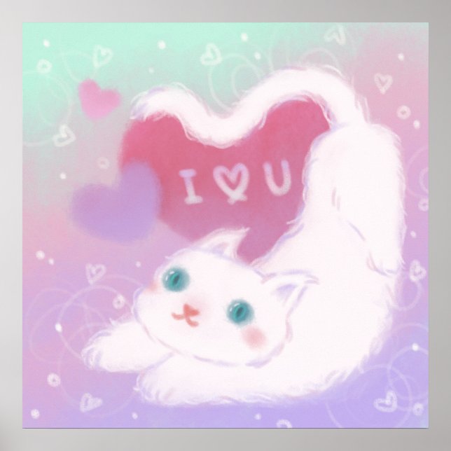 Poster Happy Valentine's Day with Fluffy White Cat (Frente)
