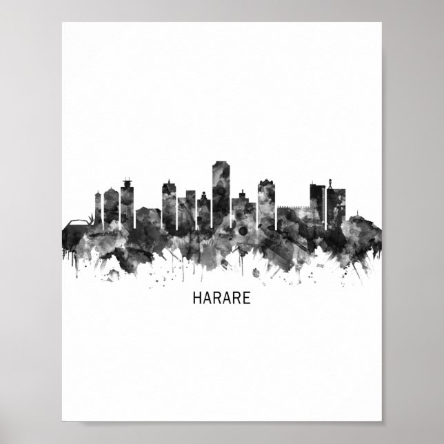 Poster Harare Zimbábue Skyline BW (Frente)