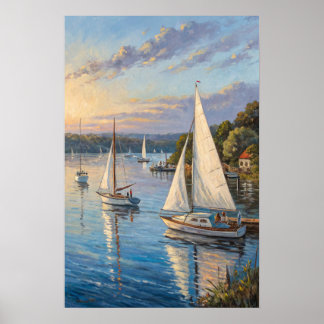 Poster Harbor Sailboats Sunset Print | Marina Golden.