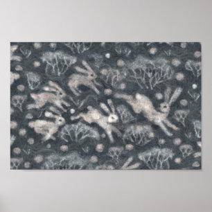 Poster Hares Snow Field White Rabbits Brancos Animais de