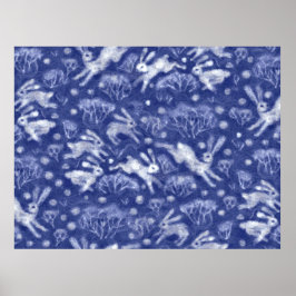 Poster Hares Snow Field White Rabits Inverno Animal Azul