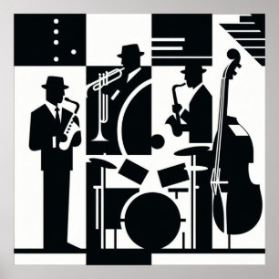 Poster Harlem Renaissance Jazz Trio Preto e Branco