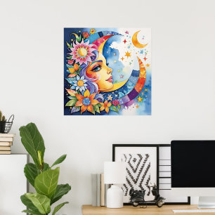 Poster Harmonia Celestial: Sol Moon-Face e Praça Floral