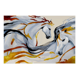Póster Harmonia Dourada: Dois Cavalos no Reino da Fantasi