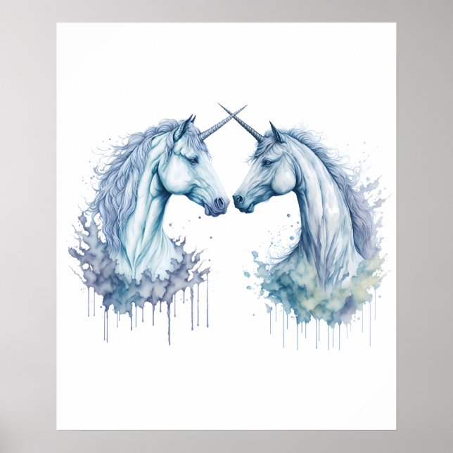 Poster Harmonia Dupla: Dois Unicórnios em Aquarela (Frente)