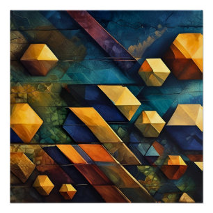 Póster Harmonia Geométrica: Cubos Abstratos em Dourado e