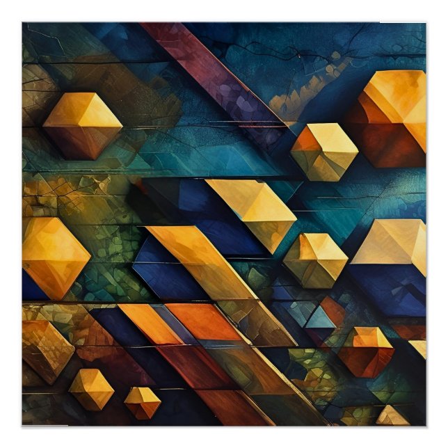 Póster Harmonia Geométrica: Cubos Abstratos em Dourado e  (Frente)