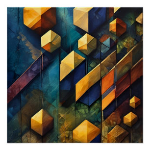 Póster Harmonia Geométrica: Cubos Abstratos em Dourado e 