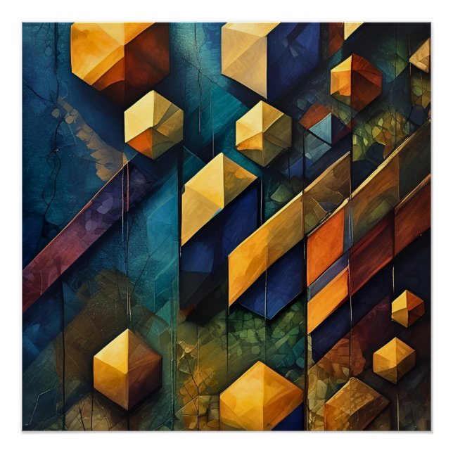 Póster Harmonia Geométrica: Cubos Abstratos em Dourado e  (Frente)