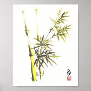 Poster Harmonia Suave de Bambu Arte com Pincel Chinês