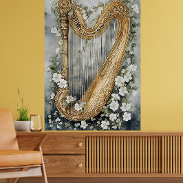 Poster harpa ornamental rodeada por flores brancas