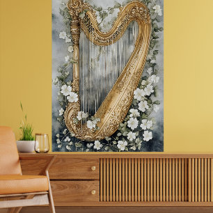 Poster harpa ornamental rodeada por flores brancas
