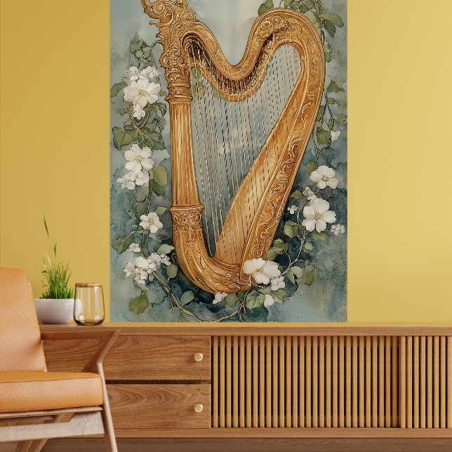 Poster harpa ornamental rodeada por flores brancas (Sala de Estar 2)