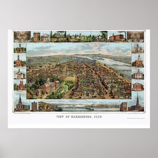 Poster Harrisburg, PA Panorâmica - 1855 (Frente)