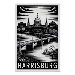 Póster Harrisburg Pensilvânia Silhueta Preto Branco Xilog