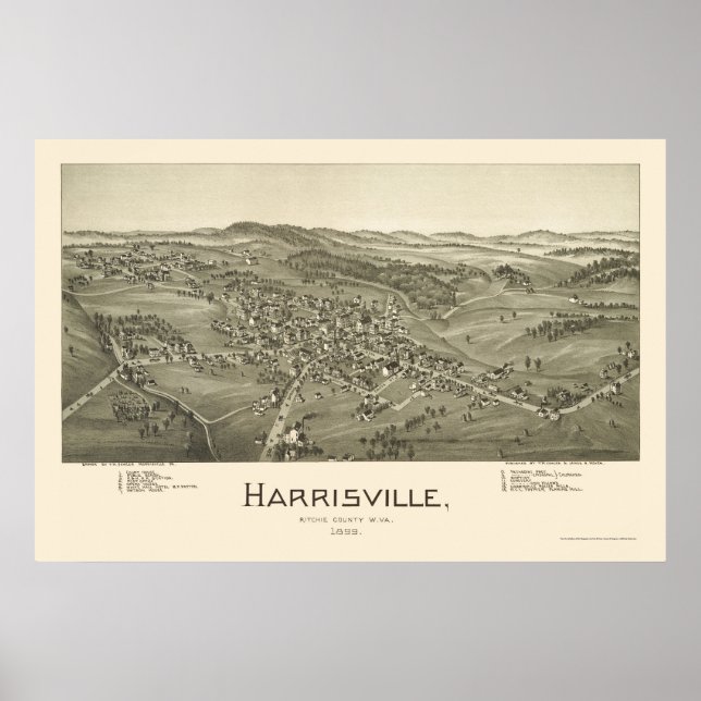 Poster Harrisville, Mapa Panorâmico do WV - 1899 (Frente)