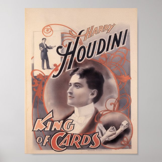 Poster Harry Houdini, rei das cartas 1895 (Frente)