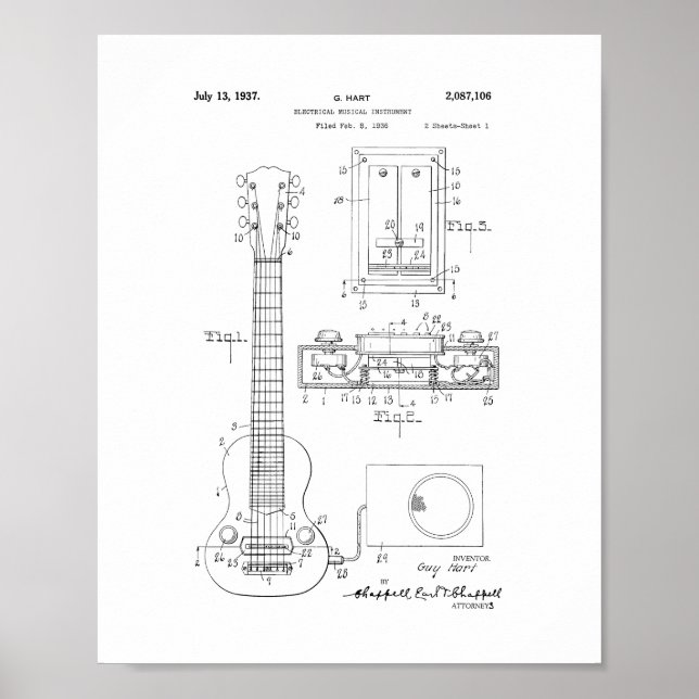 Póster Hart Electric Guitar Pickup Patente (Frente)