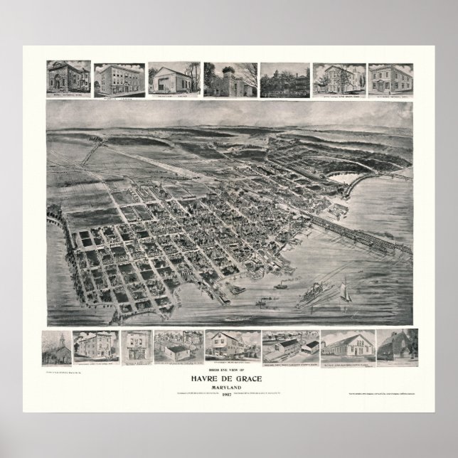 Poster Harve de Grace, MD Panorâmica Map - 1907 (Frente)