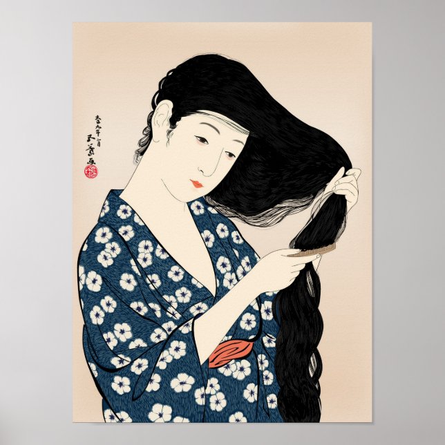 Poster Hashiguchi Goyo - Mulher de Azul Comendo o Cabelo (Frente)