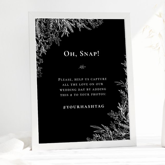 Poster Hashtag de Casamento com Folhagens Preto e Branco (Criador carregado)