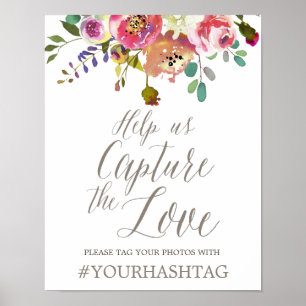 Poster Hashtag de Casamento de Buquê Floral Simples