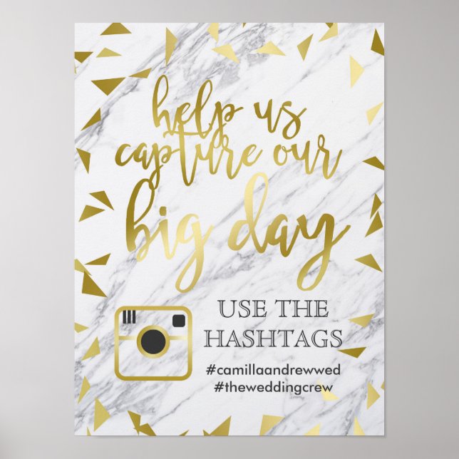 Poster Hashtag de Casamento Dourado e Marble (Frente)