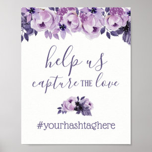 Póster Hashtag de Casamento Elegante Floral de Púrpura de