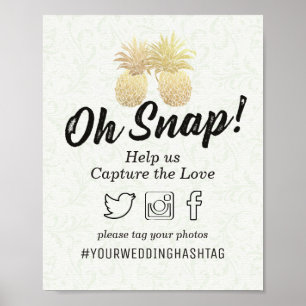 Poster Hashtag de Fotos de Casamento Abacaxi Dourado Vint