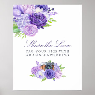Poster Hashtag Floral de Casamento Ultra Violet Watercolo