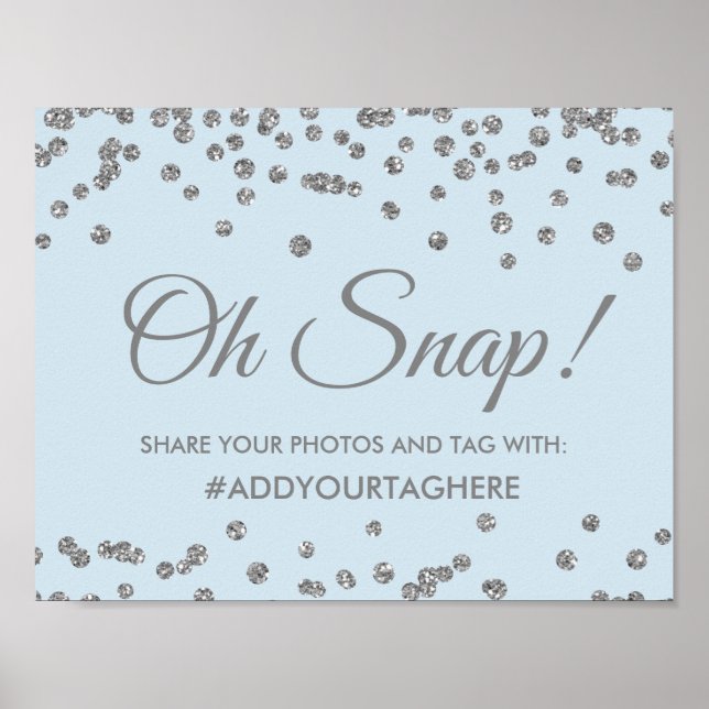 Poster Hashtag Sinal Silver Faux Glitter Confetti Azul (Frente)
