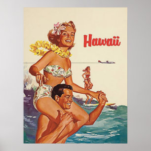Poster Havaí, casal de surfe feliz, viagens vintage