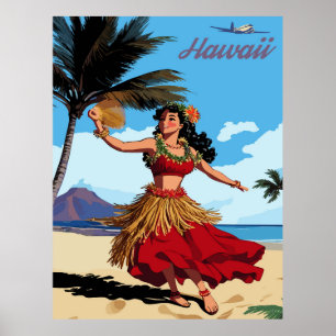 Poster Havaí, Garota Dançando Hula na Praia, Viagem