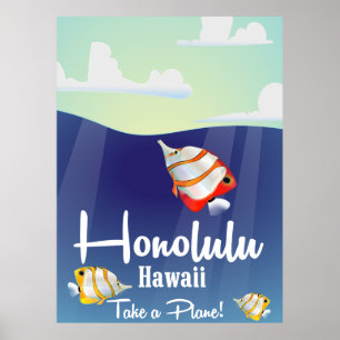 Póster Havaí, honolulu Cartaz de viagem de desenho animad