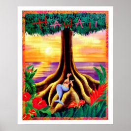 Poster Havaí, ilha tropical, sereia sob uma grande árvore