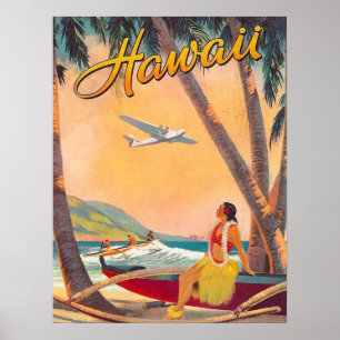 Poster Havaí, menina de hula na costa tropica, linha
